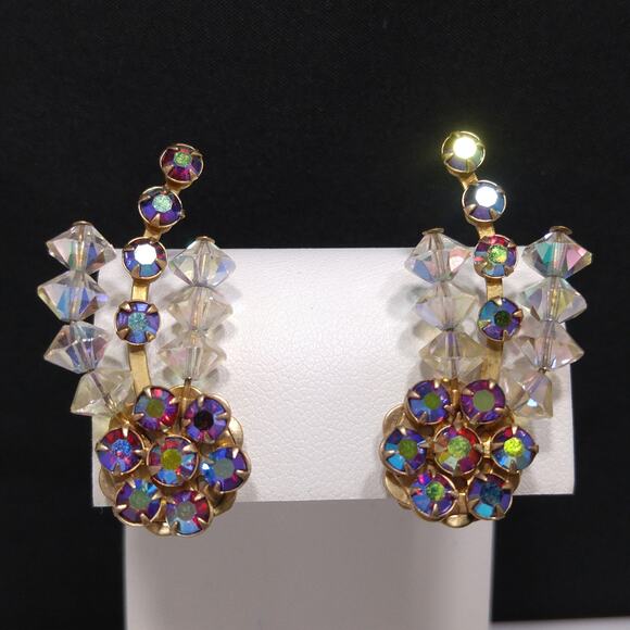 1950s Red Aurora Borealis Crystal Ear Climber Earrings Vintage Clip On Jewelry - Picture 10 of 10